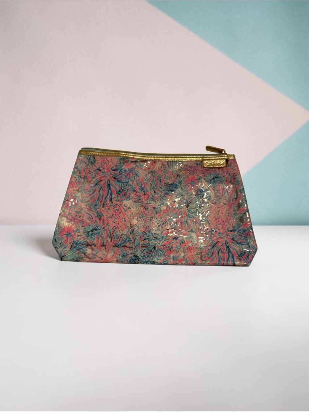 Lilly Pulitzer Pink and Blue Floral Vinyl Cosmetic Pouch with Gold Zip